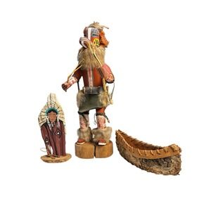 VNTG Native A. Handcrafter Bundle-2 Hopi Kachina Dolls + Mini Birch Bark Canoe